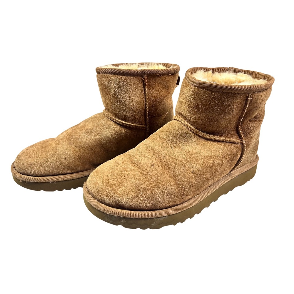 UGG Classic Mini II Chestnut Brown Suede Sheepskin Boots Womens 6 Faux Fur Lined